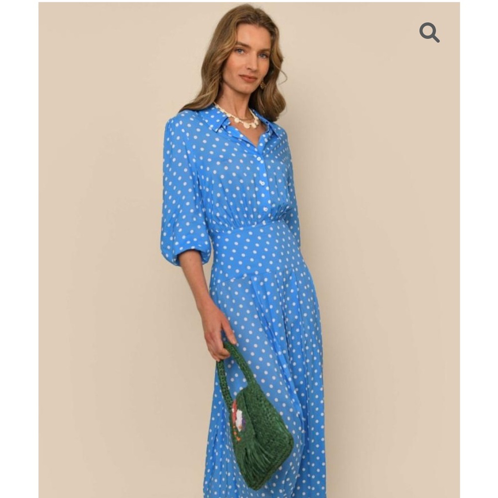 RIXO Blue and White Buttoned Maxi Dress with Bishop Sleeves